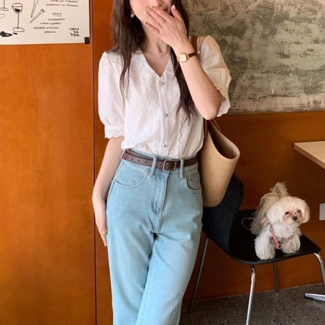 BROWMODA 여성 슬림핏 블라우스 브이넥 반팔티