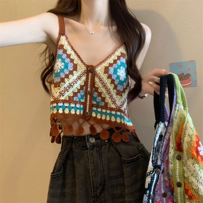 民族風編織短版吊帶背心 夏季新款簡約修身上衣