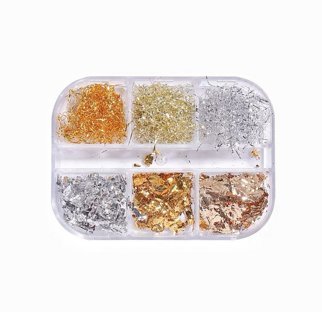 ins風 美甲金箔 褶皺金箔 指甲裝飾 金銀箔品, 1個, 金箔絲片 六格素材盒