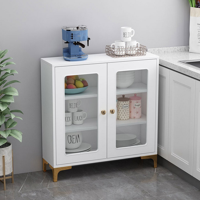 폭 얇은 수납장 주방 라이트월넛 그릇장 60x25x90 슬림 양문형 틈새 컵 틈새장 커피잔, 유리문-화이트