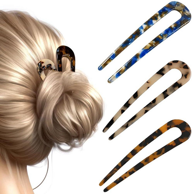 프렌치 헤어 포크 거북이 껍질 U자형 Updo 핀 클립 모든 모발 타입용 클래식 2 프롱 번 스틱 여성용 셀룰로오스 아세테이트 시뇽 액세서리 빈티지 스타일 3팩