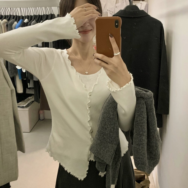 하모리 예쁜 물결 라인 여성스러운 이너 끈나시 가짜 투피스 니트 가디건