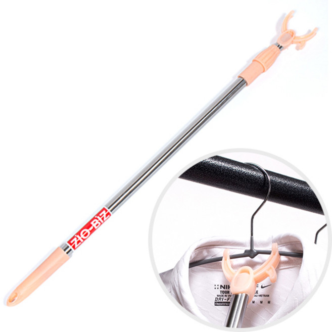 ZIO-BIZ 길이조절 옷걸이 집게봉 72-114cm 핑크 / 옷집게 옷걸이집게 옷걸이집게봉 옷걸이스틱 옷걸이막대 길이조절봉 옷봉 옷장봉 가제트팔 가제트손 세탁소집게 옷가게용품, 1개