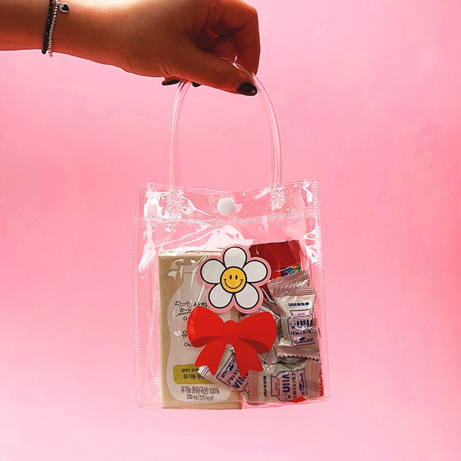 PVC 투명 쇼핑백 10p 비닐 손잡이 가방 구디백 선물 포장 어린이집 답례품 미니 와인 비닐백, S 10p