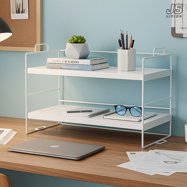 JS리빙 미니 책꽂이 선반 수납장 2단 정리함 책상 위 정리 북앤드 간이 다용도 인테리어 사무용 학생 데스크 탁상 좁은 공간 틈새 전면 책선반 화이트 심플 모던 사이즈 너비 37, 단일