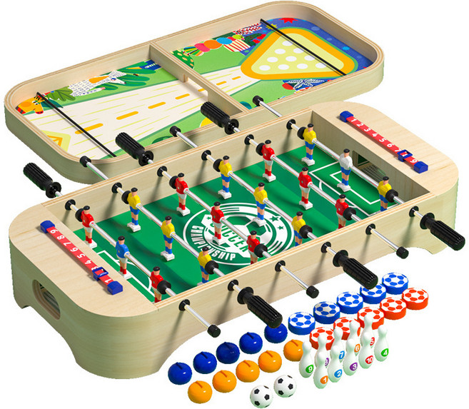 테이블 풋볼 보드게임 테이블 풋볼 게임대 가족 친구 대전용 보드게임 4in1 세트 풋볼 컬링 아이스하키 퐁퐁게임 가족 친구 상호작용 생일선물 두뇌 발달 장난감, 1개, 우드