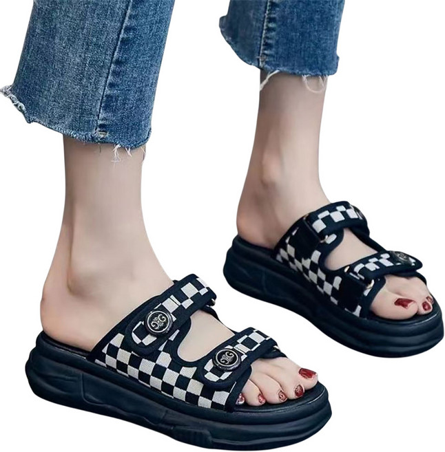 ROYALBELLE 여성용 여름 투벌크로 발편한 슬리퍼 샌들 쿠션 캐주얼룩 체크무늬 신발 E41710 AN