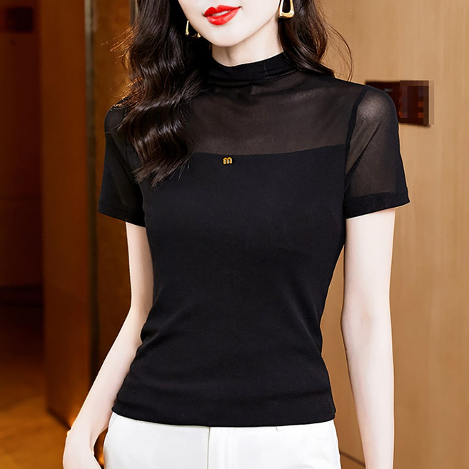 로르카 여성 스탠드넥 시스루 망사 입체 레터링 장식 반팔 얇은 루즈핏 캐주얼 티셔츠 R0031620