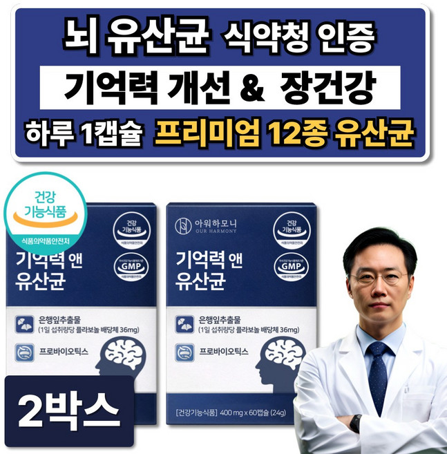 뇌 유산균 복합물 두뇌 뇌건강 기억력 개선 징코 두뇌엔 뇌영양제 식약청인증 브레인 혈행개선, 2박스, 60정