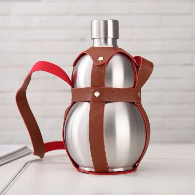 조롱박 모양의 스테인레스 스틸 알코올 보드카 힙 플라스크 대용량 250 500ml 와인 포트 양주 병 휴대용 레더 벨트 포함, 03 About 1500ML, 1개