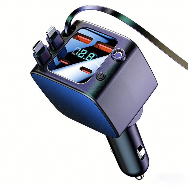 호밍사이 릴타입 차량용 초고속 충전기 120W 4포트 C타입 신축 케이블 USB 차량용 충전 어댑터, 블랙, D3