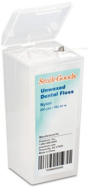 프랙티콘 스마일굿즈 언왁스 200야드 치실 파쇄 저항성 나일론 코팅되지 않음 왁스 없음 1팩, Unwaxed_1, 1개
