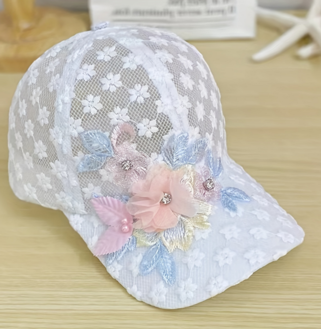 우아한 꽃 자수 레이스 진주 장식 야구 모자 자외선 차단 메쉬 여성 볼캡