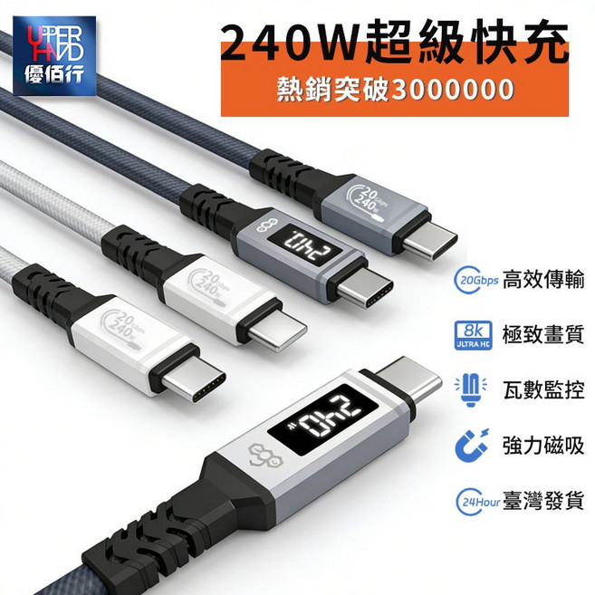 優佰行 240W EGO 智慧數顯PD快充線 Type-C 20Gbps 8K 磁吸編織, 太空灰1.2m, 1個