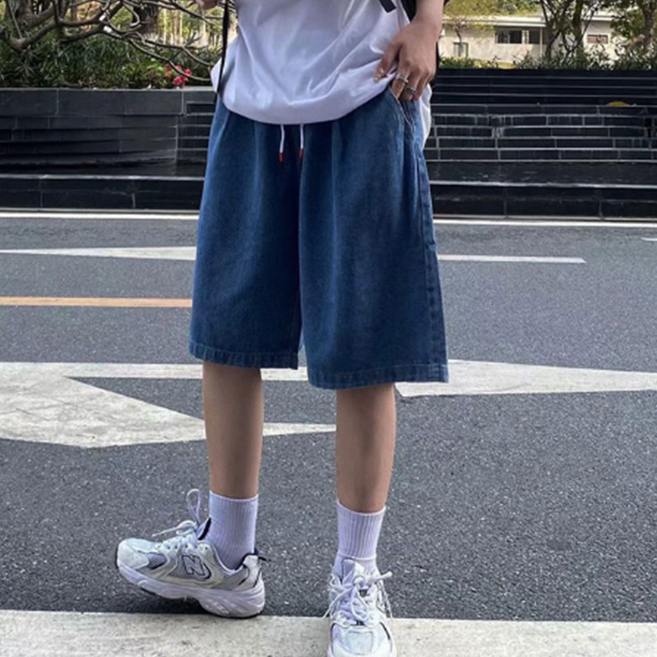 남성 여성 봄 여름 버뮤다 팬츠 데님 밴딩 중학생 커플 통넓은 와이드 통 데일리 청 반바지