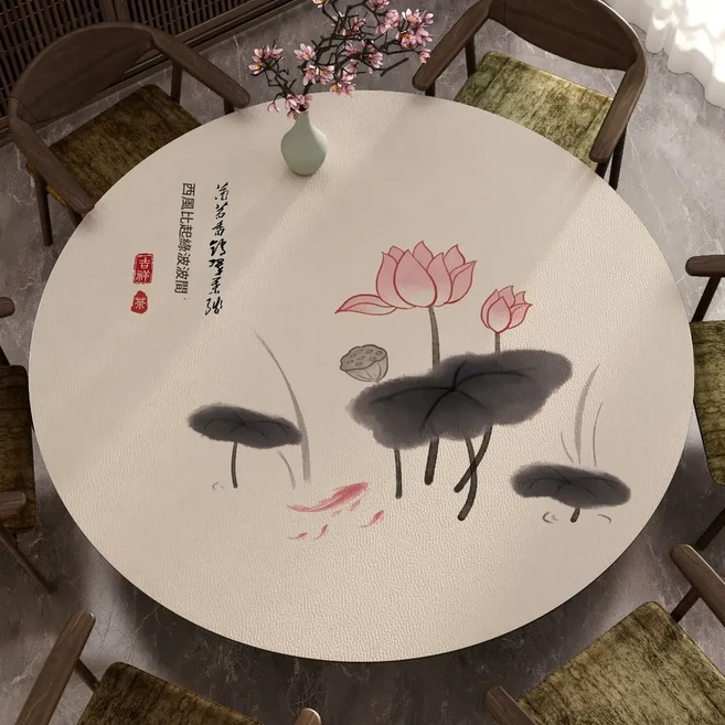 圓桌皮革桌墊 新中式防水防油防燙保護墊, 荷陽墨葉, 1個, 直徑95cm圓形