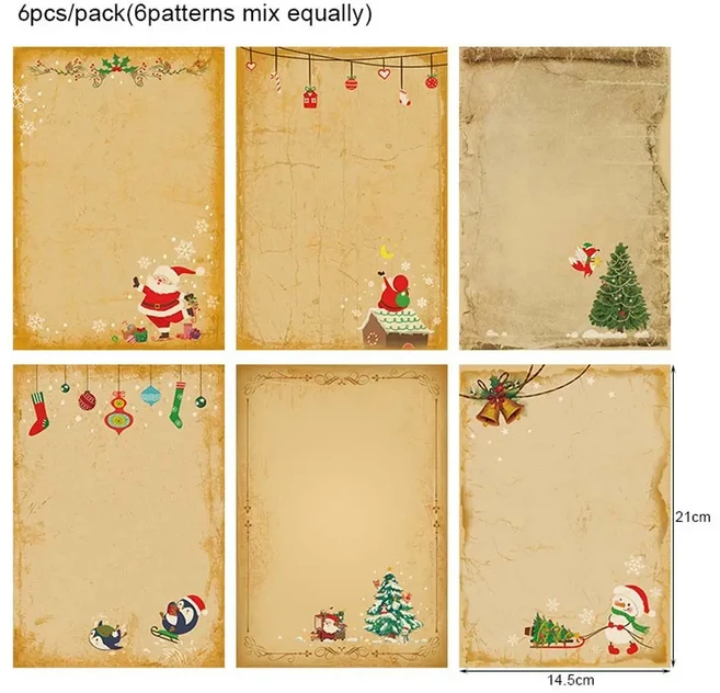 DIY 6개/세트 인사말 카드 산타클로스 초대장 선물 편지지 크리스마스 봉투 크라프트지 크리스마스 편지 패, 03 01