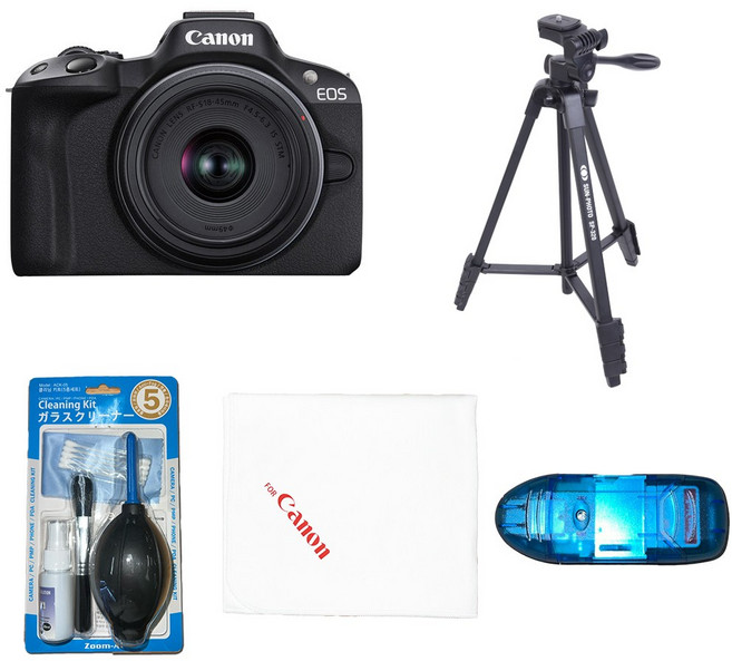캐논 EOS R50+RF-S 18-45 KIT+썬포토 SP-320 삼각대+청소도구+SD리더기+포캣융 포함, 블랙