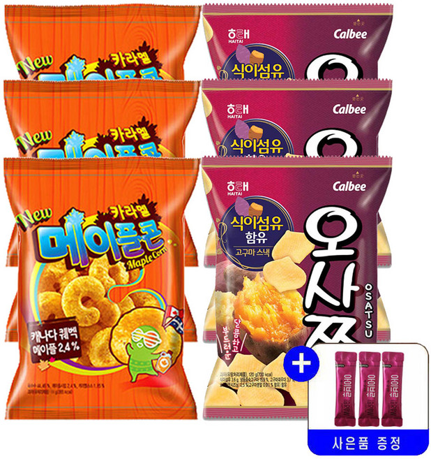 크라운 NEW 카라멜 메이플콘 124g+오사쯔 고구마스낵 100g 2종 묶음행사+사은품증정, 124g, 3세트