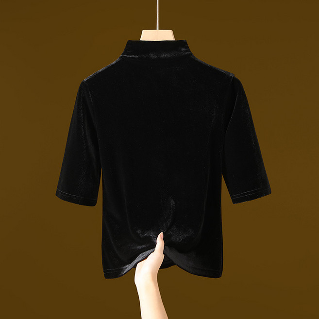 유니픽 여성 가을겨울 벨벳 하프넥 롱슬리브 티셔츠 심플 패셔너블 캐주얼 티cc