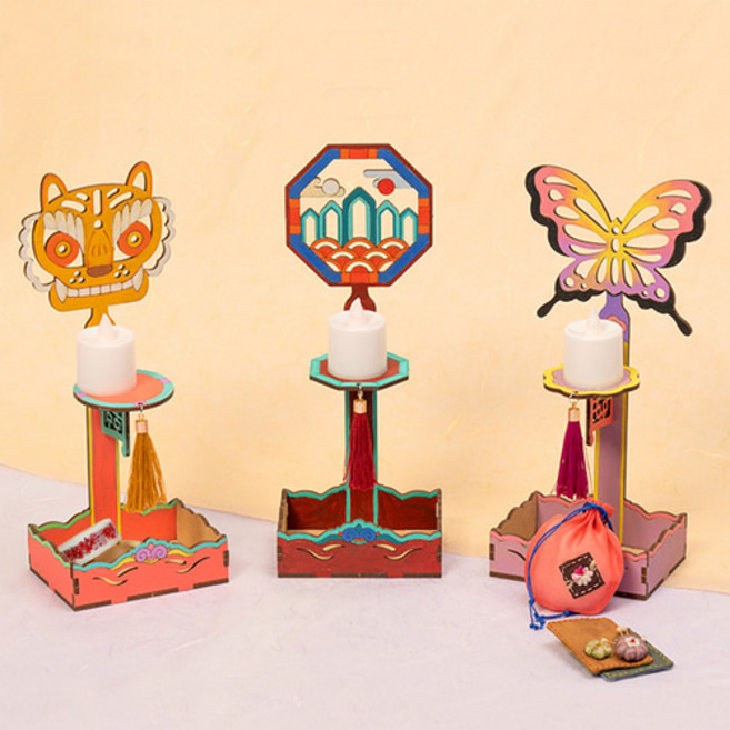 민화 촛대 만들기 전통 우드 공예 무드등 재료 민속 소품 돌봄 학교 수업, 촛대(일월오봉도)＋LED라이트