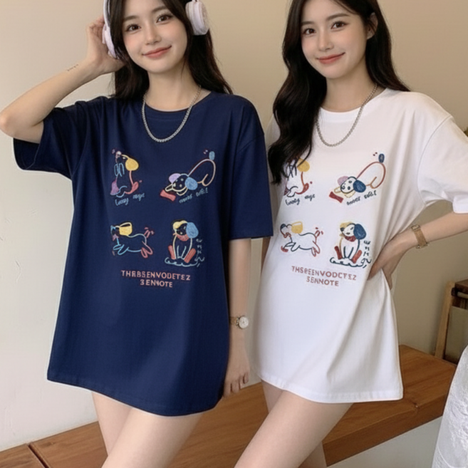 쁘띠엘라 퍼피 루즈핏 라운드 반팔티 오버핏 티셔츠 1+1