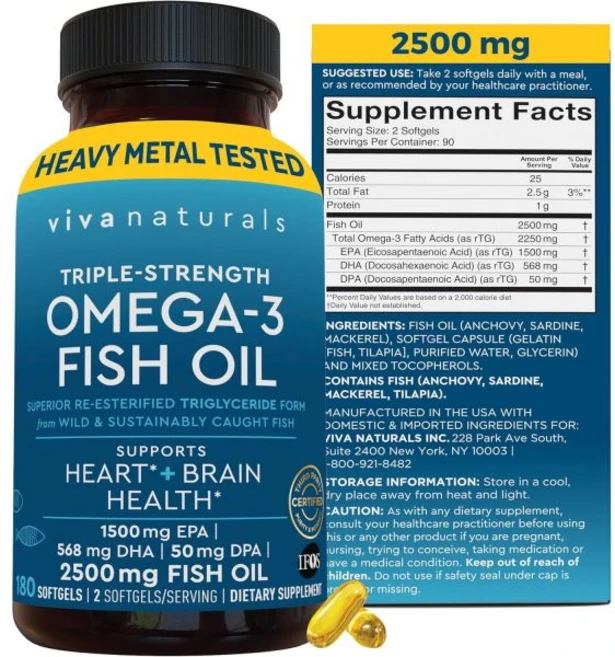 Viva Naturals 비바 내추럴스 트리플 스트렝스 오메가 3 피쉬 오일 EPA 및 DHA 보충제 2200mg 180 소프트젤, 180개 (1팩), 1개, 180정 - 쿠팡