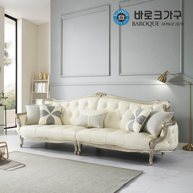 [바로크가구] 마르셀린 4인 천연 가죽 클래식 엔틱소파, 색상:릴리그레이