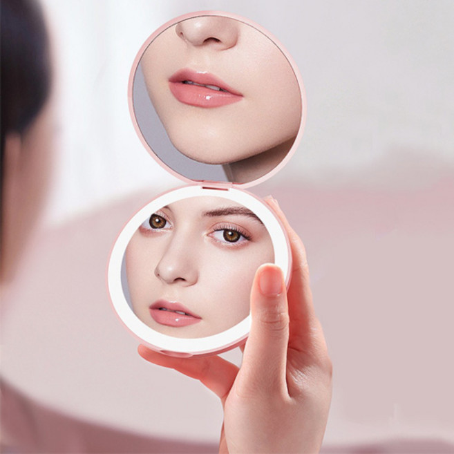 커버형 원터치 LED 손거울 건전지형, 1개, 베이지핑크