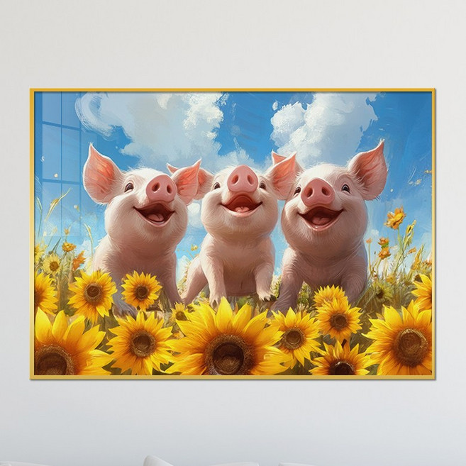 아트블루 돼지와 해바라기의 행복한 조합 행운을 부르는 인테리어 액자, 1. 파란 하늘 아래 해바라기 돼지 세마리, 골드메탈