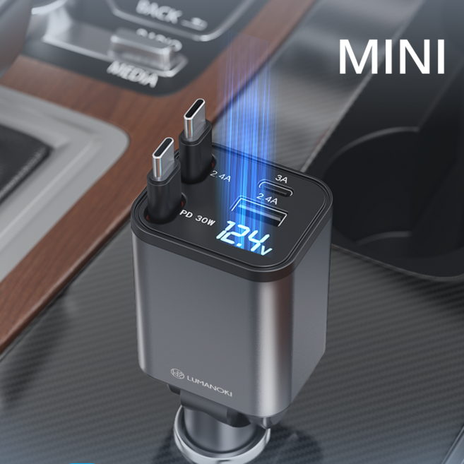 LUMANOKI 100W 4구 릴타입 차량용 고속충전기, 네모 mini C타입+C타입