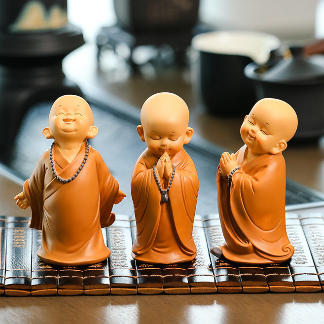 달빛코드 인테리어소품인형 석가모니 동자승 불교용품 불상 스님 3종세트 아기부처 미니동자승, 동자승 3P(입식), 주황
