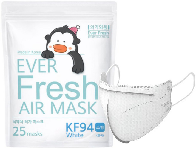 KF94 소형 에버프레쉬 에어 새부리형 어린이 마스크 지퍼백, 화이트, 1개, 25매입
