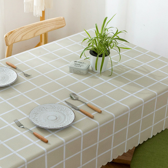 防水防油免洗桌布 格子PVC家用餐桌茶几墊 塑料圓臺布, 亞麻色格子,100*160cm, 1個