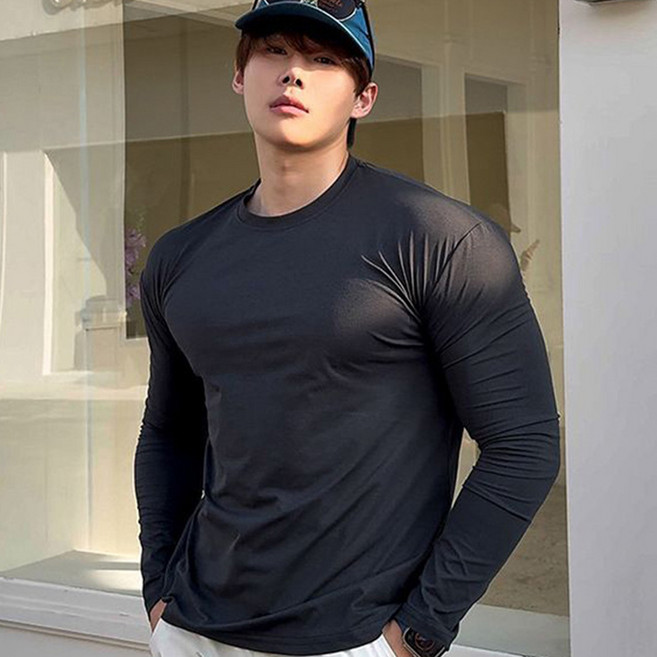 MDIVGYM 남자 머슬핏 면 스판 긴팔 슬림핏 무지티 라운드 티셔츠