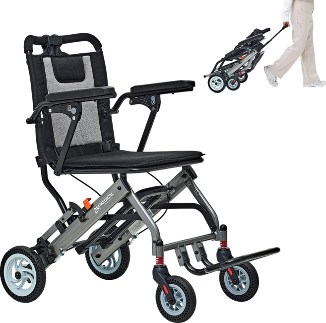 2H메디컬 페더체어 시리즈 - 8kg 초경량 알루미늄 수동 접이식 여행용 장애인 휠체어, 1개, 프로+캐리어 핸들