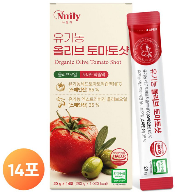 유기농 엑스트라버진 올리브 오일 토마토 착즙액 NFC 스페인산 콜드프레스 피쿠알 올리브 토마토샷 개별스틱 해썹, 1박스, 280g