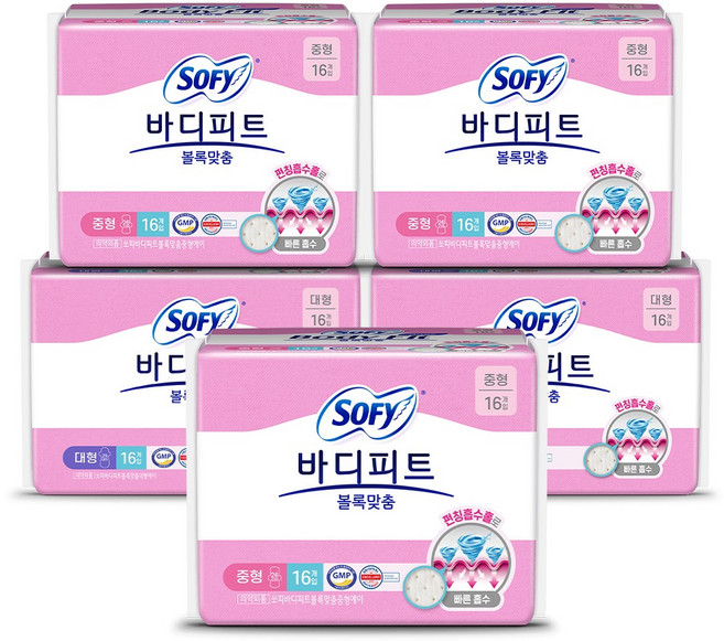 쏘피 바디피트 생리대 볼록맞춤 중형 16p*3개 + 대형 16p*2개, 1개