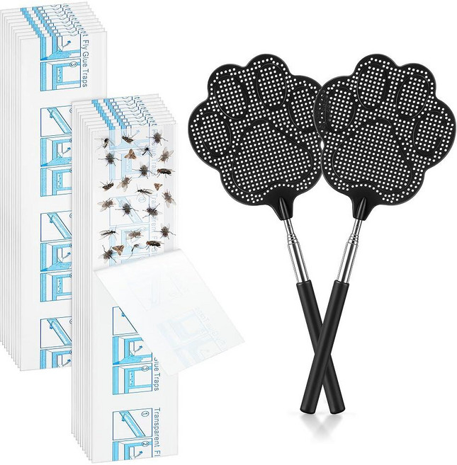 Mysora 4 Pack Black Fly Swatter for Indoors with 20 Clear XL Window Fly Traps Retractable Flyswat, Mysora 4 Pack Black Fly Swatte