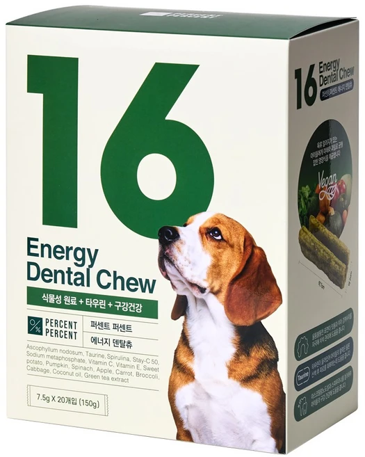 퍼센트퍼센트 덴탈껌 면역관리 비건 덴탈츄 양치껌 치석제거 개껌 타우린 함유 1박스 20p [유통기한 ~26/6/23], 20개, 7.5g, 야채과일고구마 - 쿠팡