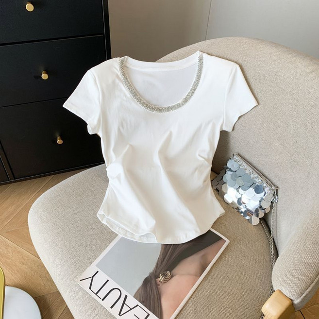 해피유통어린이 여자 반팔 브이넥 티셔츠 심플 스팽글 장식14세 이상 XG03