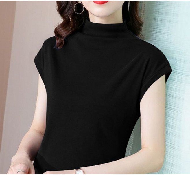 유니픽여성 봄여름 단색 아이스실크 하이넥 민소매 티셔츠 캐주얼룩cjg