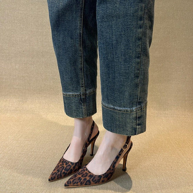 여성 레오파드 스틸레토힐 구두 슬링백 샌들