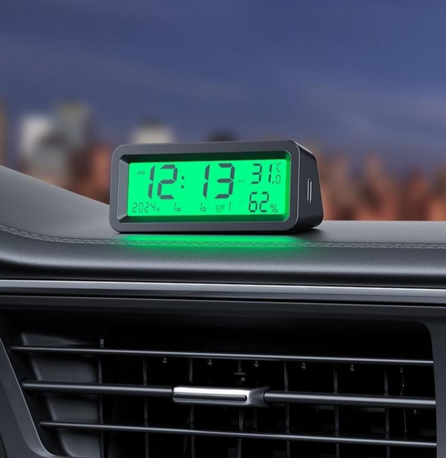 차량용 시계 태양광 충전 LED 대쉬보드 발광 전자시계 온도 습도 표시, 블루 레드 발광, 1개