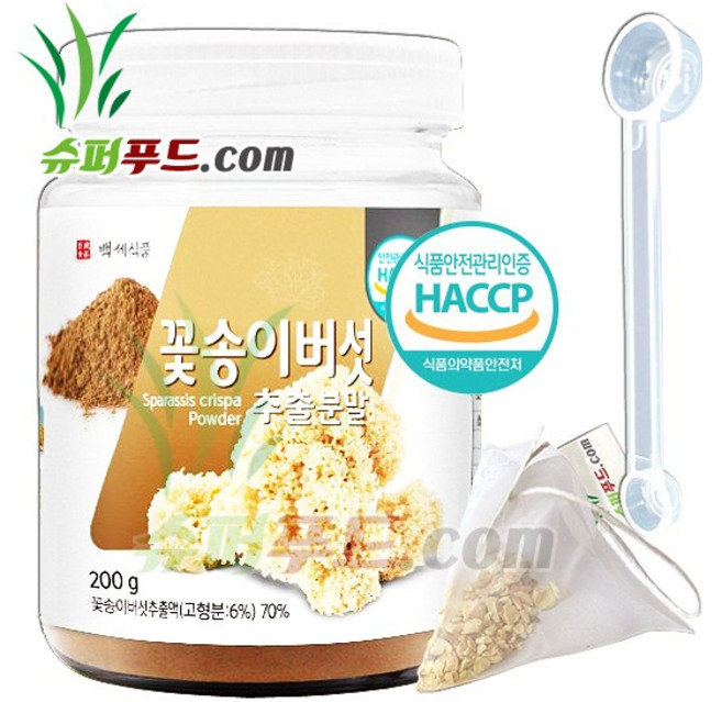 HACCP 식약처 인증 꽃송이버섯 분말 베타글루칸 비타민 e 마그네슘 철분 꽃송이 버섯 추출분말 + 슈퍼푸드.com 연자육 티백, 200g, 1개