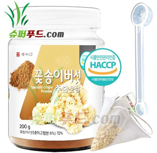 HACCP 식약처 인증 꽃송이버섯 분말 베타글루칸 비타민 e 마그네슘 철분 꽃송이 버섯 추출분말 + 슈퍼푸드.com 연자육 티백, 200g, 1개 - 쿠팡