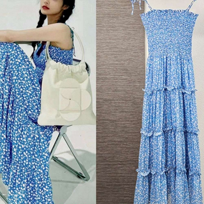 블랙루비스 롱 원피스 여름 바캉스 나시 플로럴 셔링 블루 드림