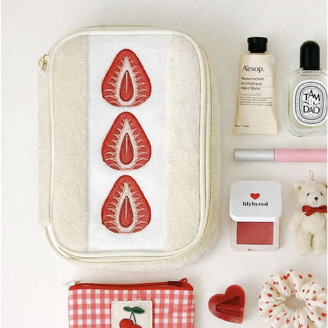하로쇼 딸기산도 화장품 휴대용 파우치 가방 필통 수납, 1개, 아이보리