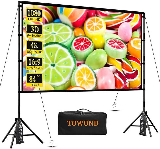 스탠드가 있는 TOWOND 프로젝터 화면 100인치 야외 휴대용 실내 프로젝션 화면 16:9 4K 후면 전면 영화 가정용 뒷마당 극장용 캐리백 포함, 84 inch