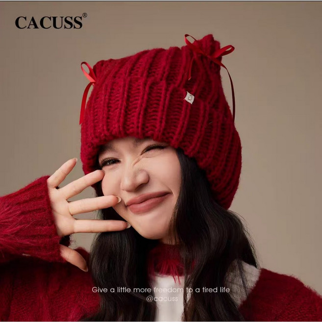 CACUSS 2025 蝴蝶結貓耳帽 大頭圍 加厚保暖 護耳毛線帽